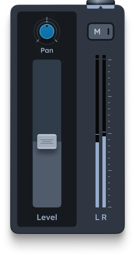Official Audiotool AudioTrack device screenshot showing volume, pan and mute controls