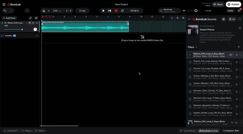 Official BandLab web Studio screenshot showing the timeline and sound library