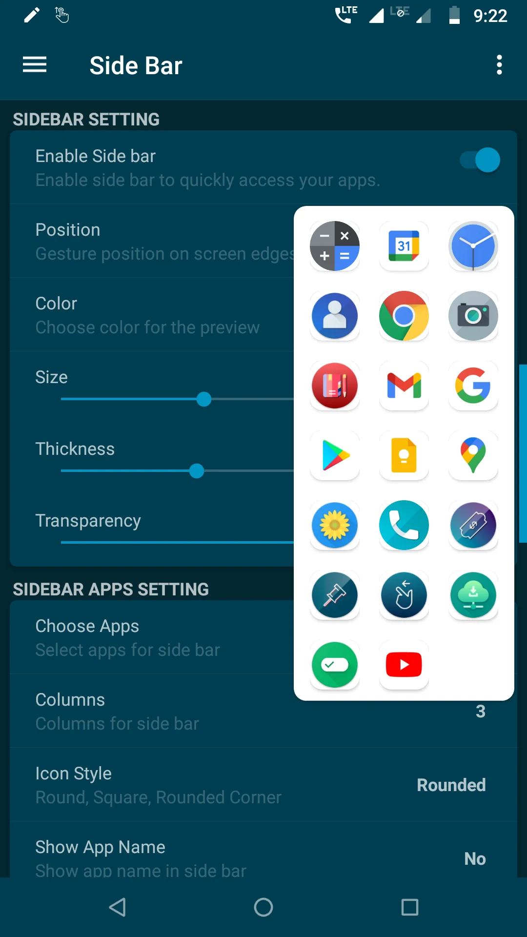 Side Bar Edge Screen app shortcuts shown in its official Google Play screenshot