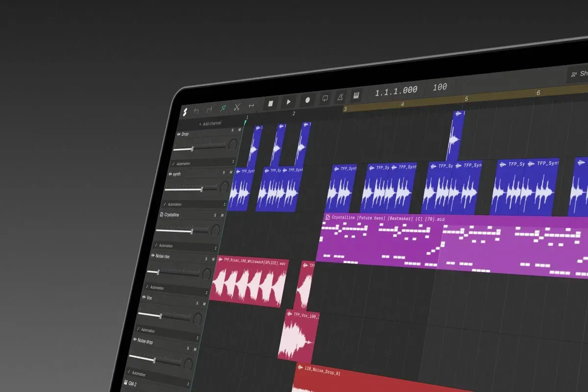 Official Soundation studio image showing layered audio and MIDI regions on a laptop display