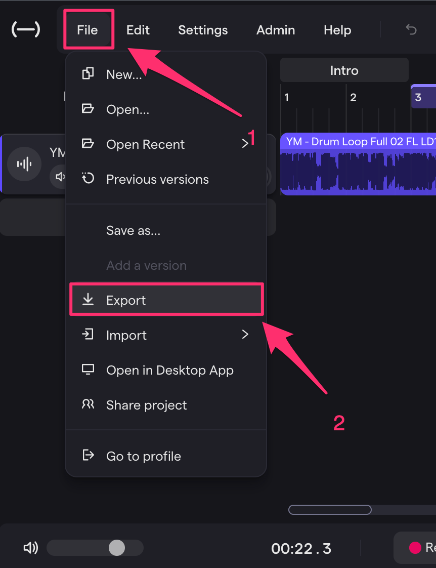Official Soundtrap studio screenshot highlighting File and Export beside an audio track