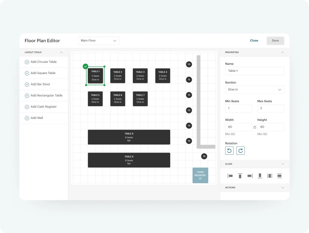 TouchBistro floor plan editor showing restaurant tables, sections, and table properties