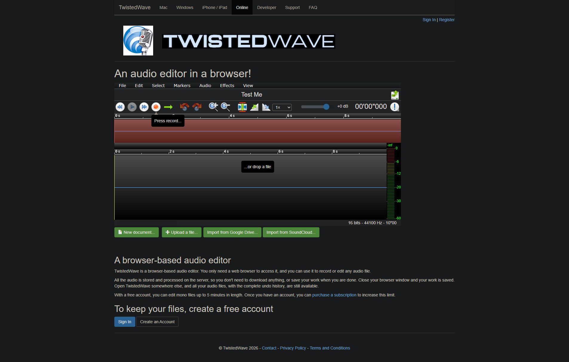 Official TwistedWave Online browser editor with waveform workspace, playback speed and editing menus