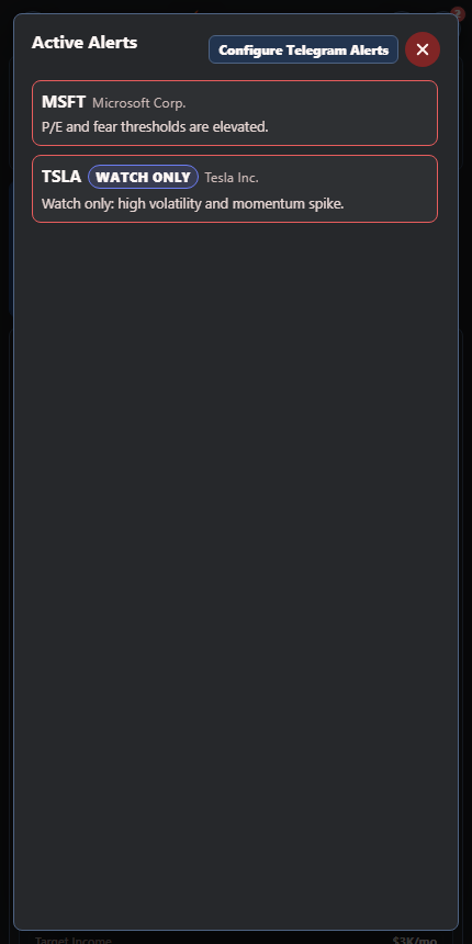 Open Fire personal market alerts shown on a mobile screen
