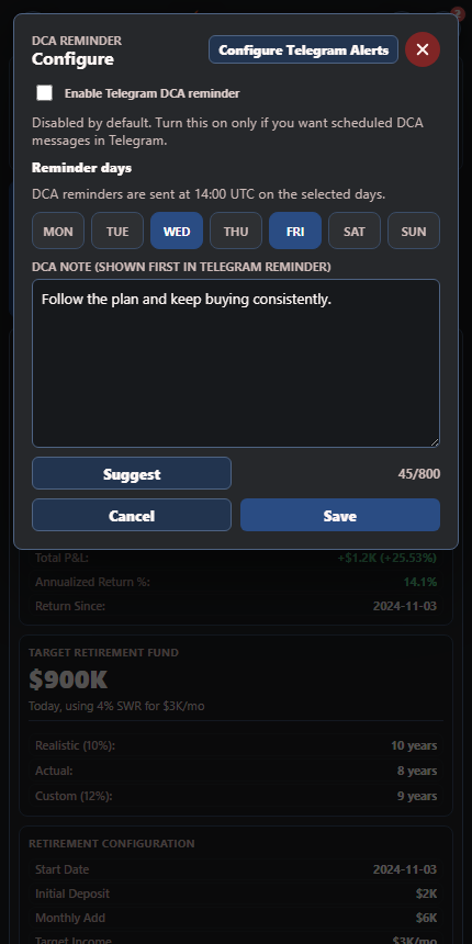 Open Fire recurring investing reminder and personal note on a mobile screen