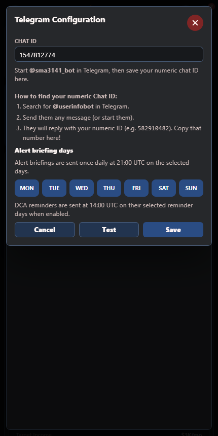 Open Fire mobile Telegram configuration showing briefing days, chat settings, and alert delivery controls