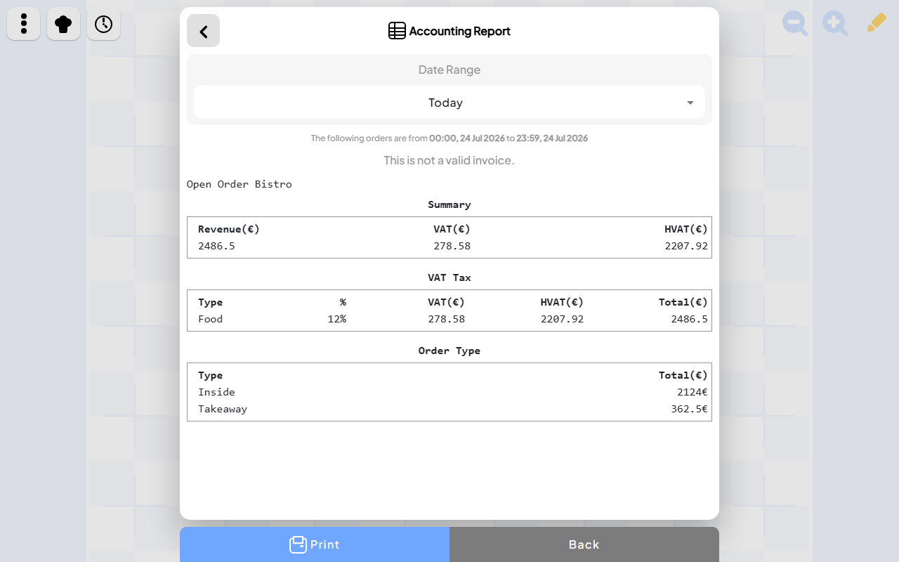 Open Order accounting summary and receipt tools displayed on a tablet