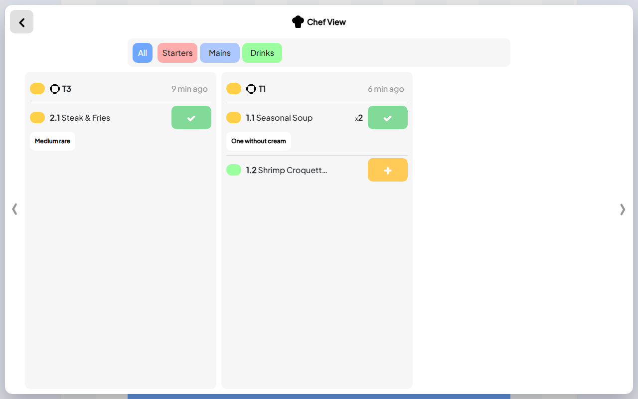 Open Order Chef View showing kitchen orders and preparation states on a tablet