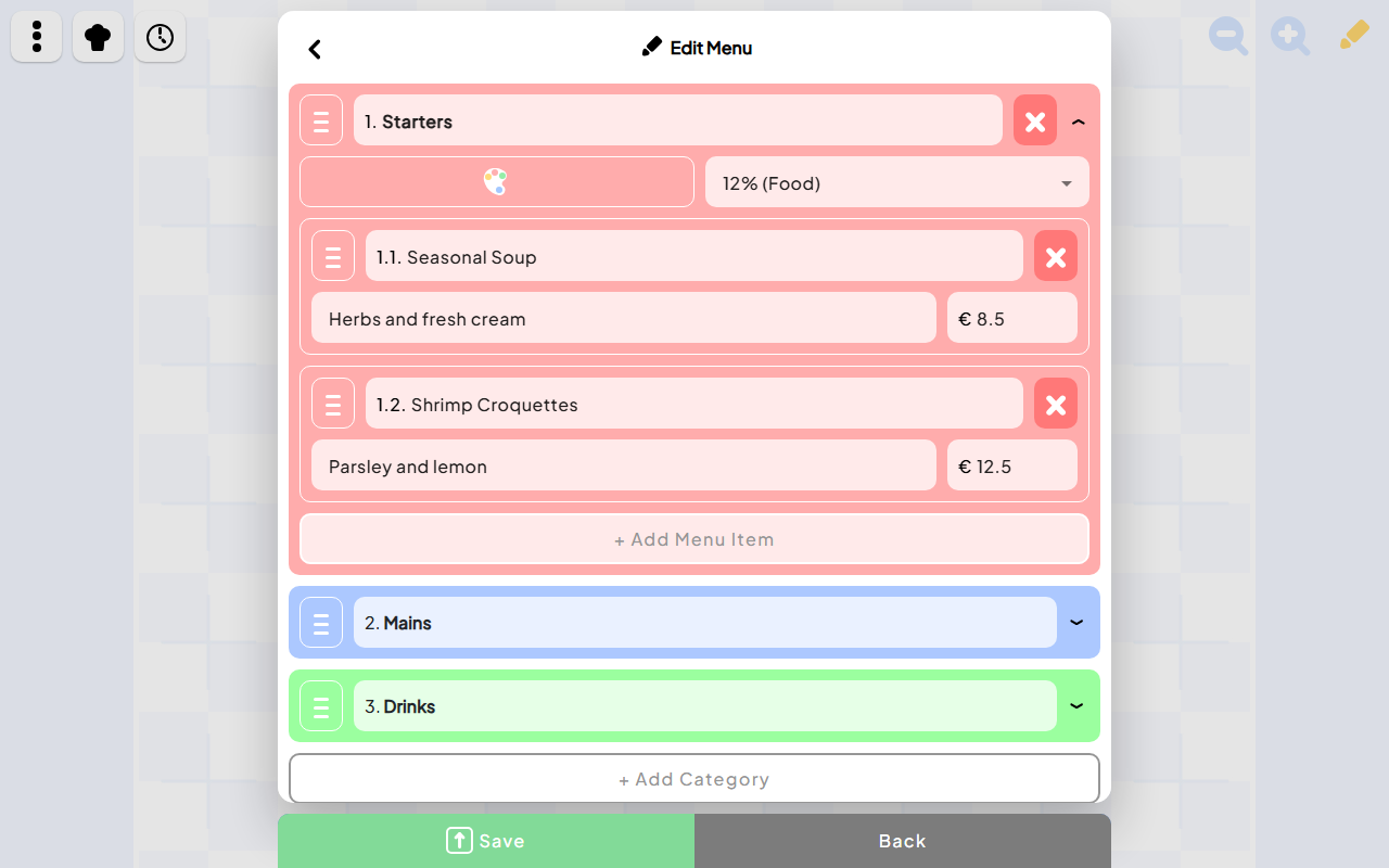 Open Order tablet menu editor with categories, dishes, descriptions, and prices