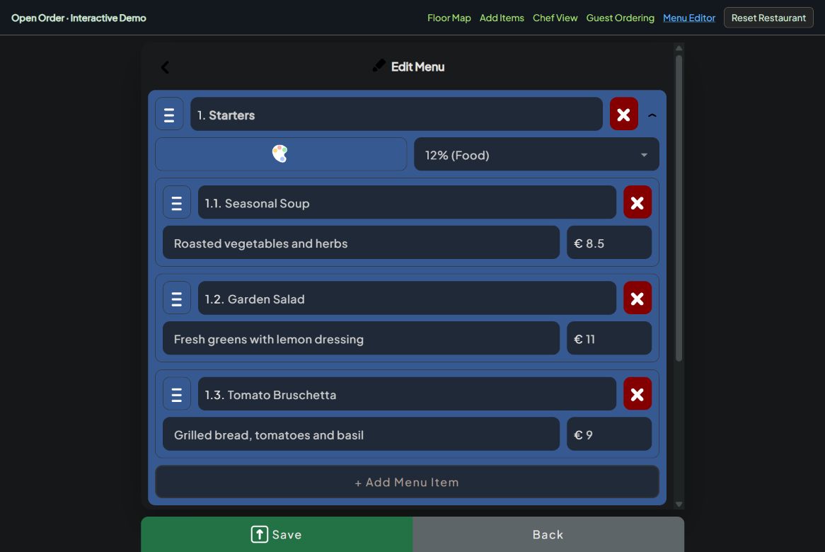 Open Order menu editor for the shared Demo Bistro restaurant