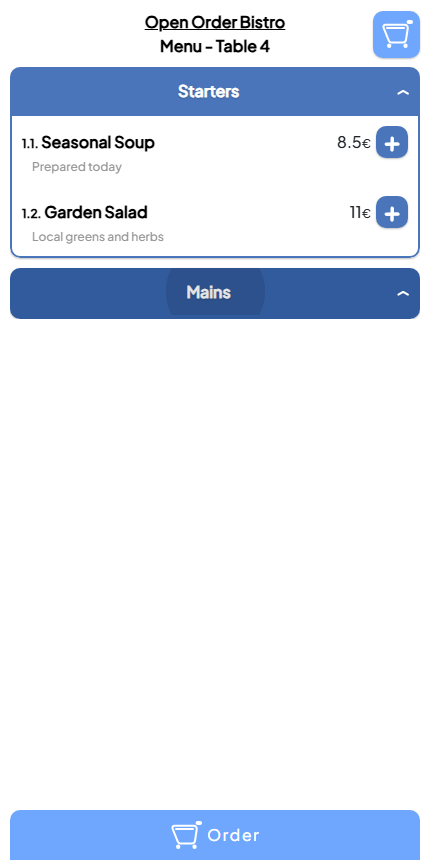 Open Order mobile guest menu for Table 4 with Starters expanded, prices, and add buttons