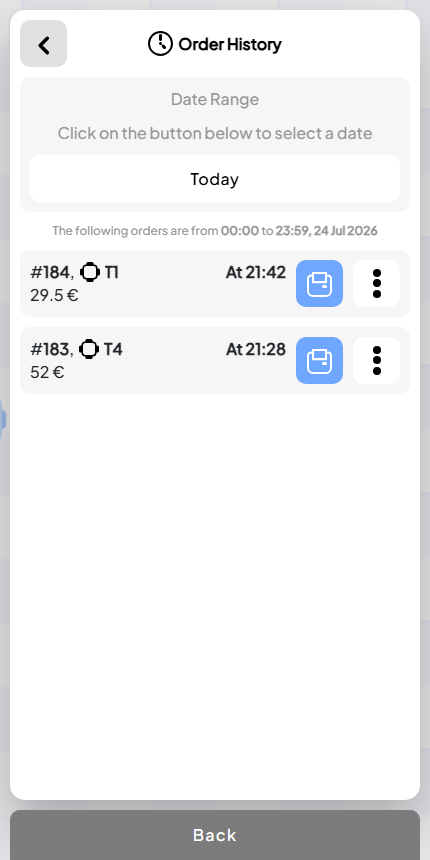 Open Order mobile order history with payment status, table, item count, and total for each order
