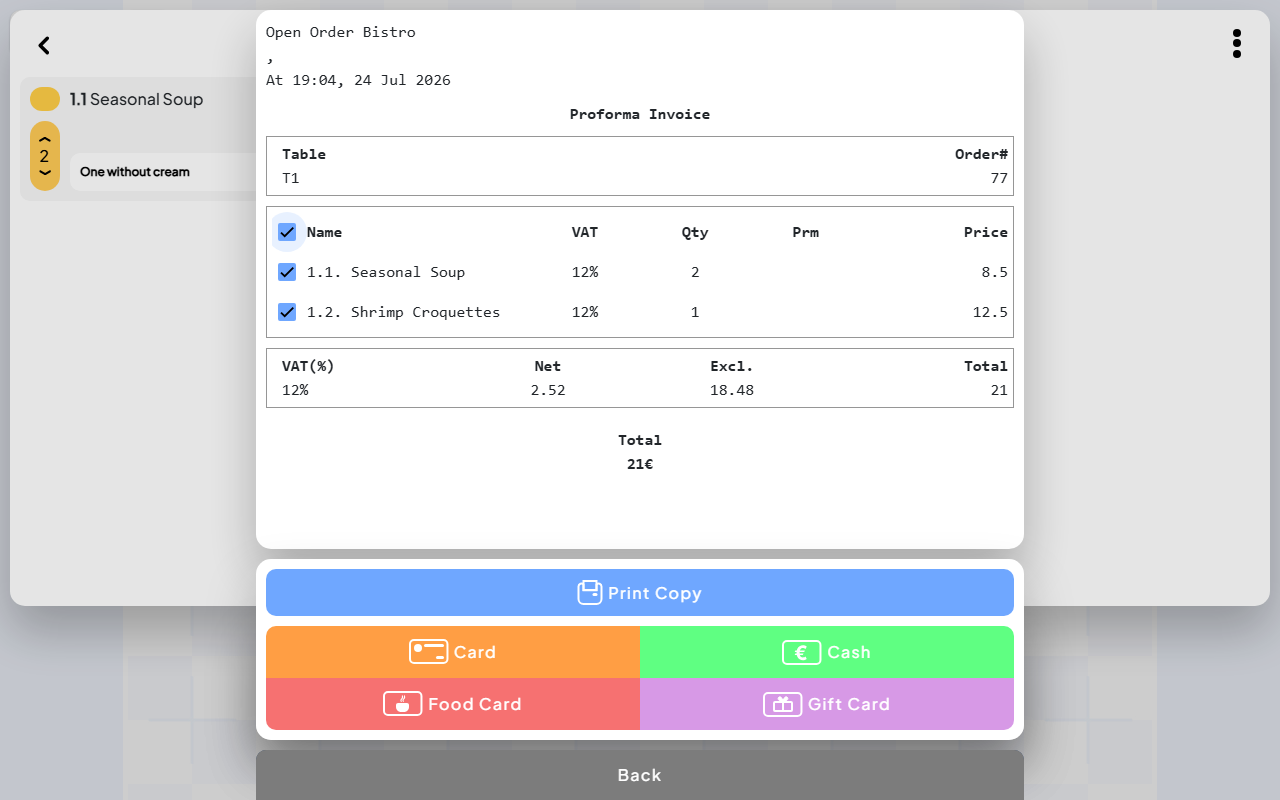 Open Order tablet receipt with ordered items, VAT totals, printing, and payment choices