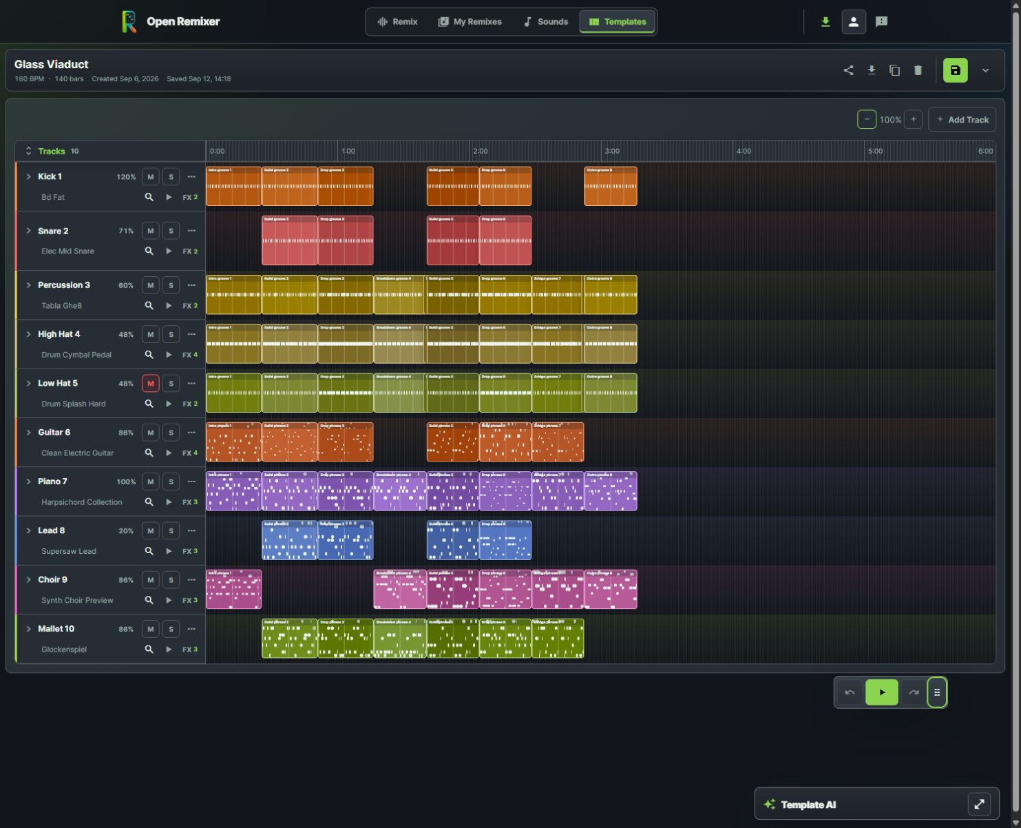 Open Remixer Glass Viaduct arrangement with ten instrument tracks, detailed phrase blocks and multiple effects per track