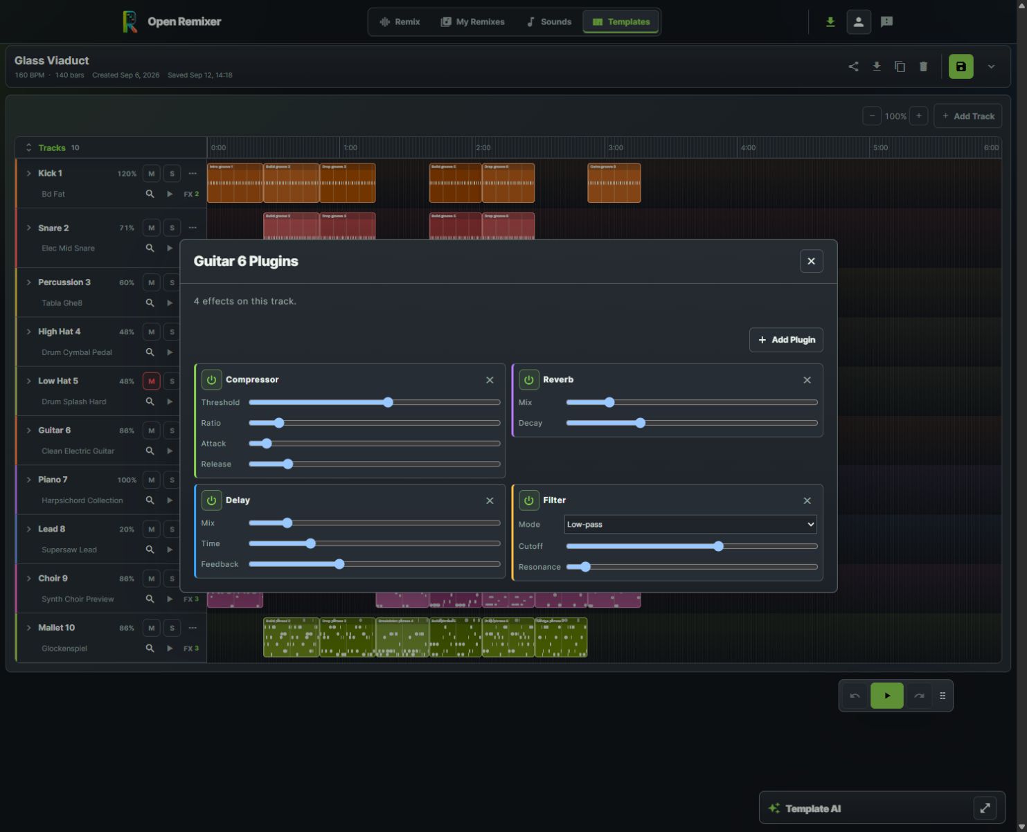 Open Remixer Glass Viaduct guitar plugins with compressor, reverb, delay and filter