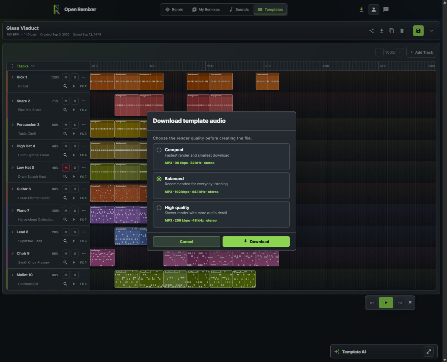 Open Remixer Glass Viaduct audio download dialog with Compact, Balanced and High quality MP3 options