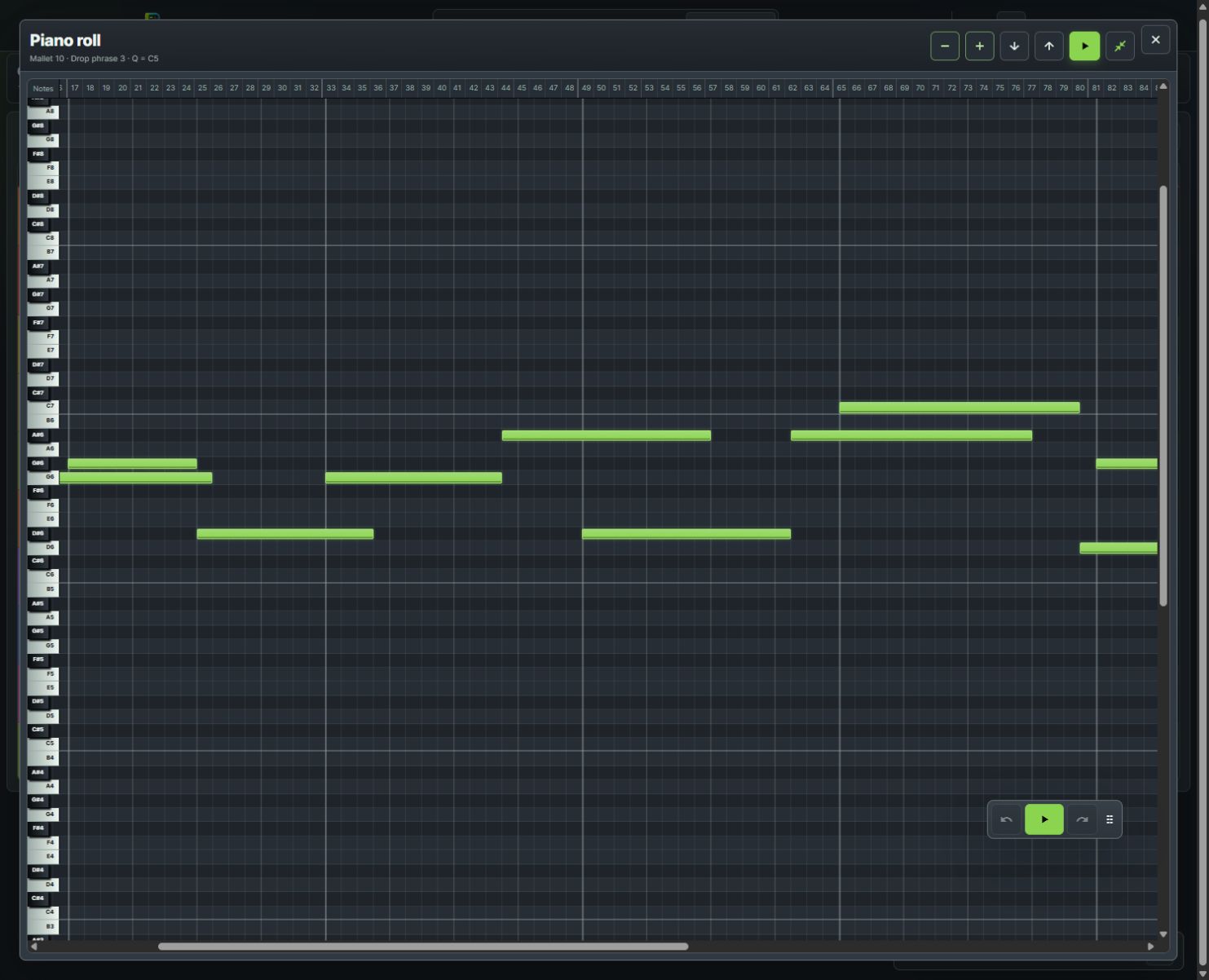Open Remixer piano roll showing the Glass Viaduct mallet drop phrase across several pitches and note lengths