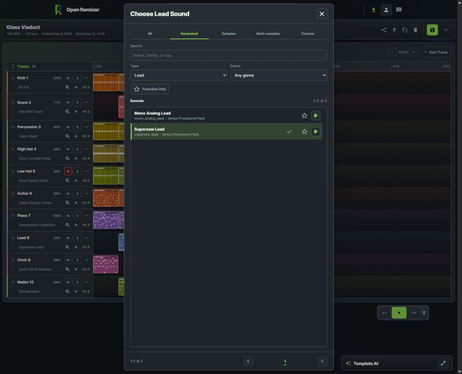 Open Remixer lead sound picker with Mono Analog Lead and Supersaw Lead audition controls over Glass Viaduct