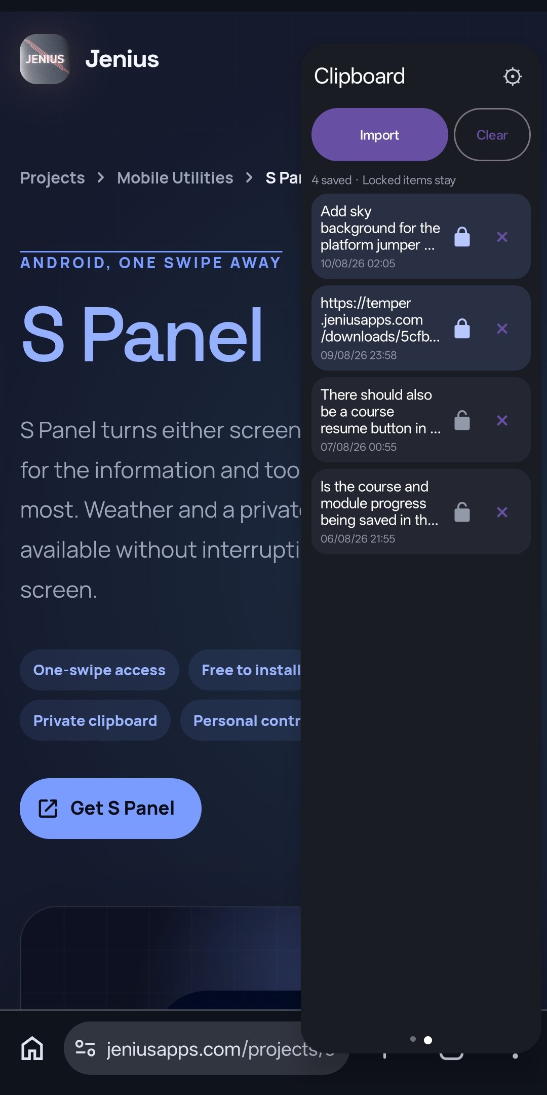 S Panel private clipboard showing saved clips on an Android phone