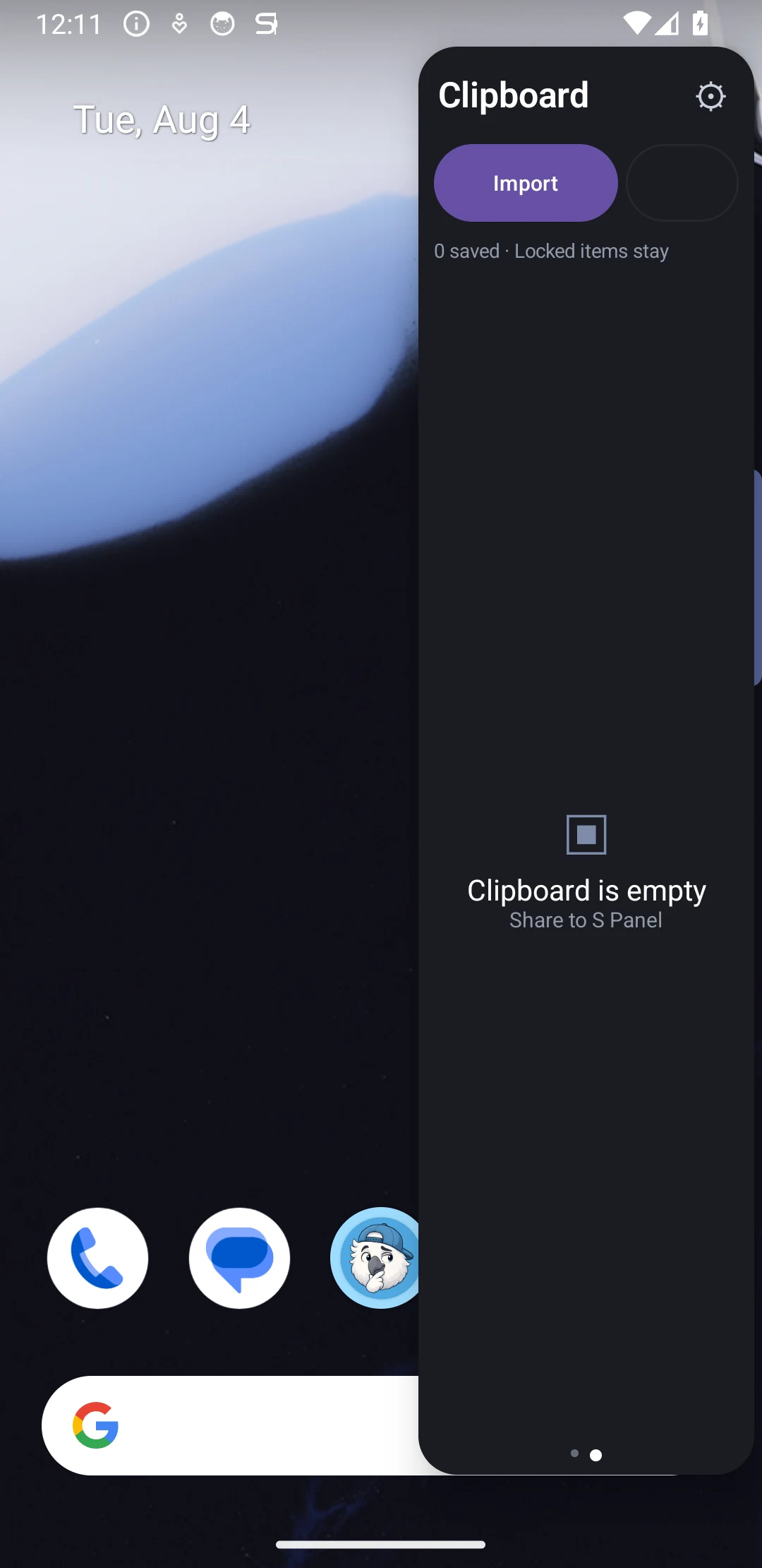 Fully opaque S Panel private clipboard on an Android phone