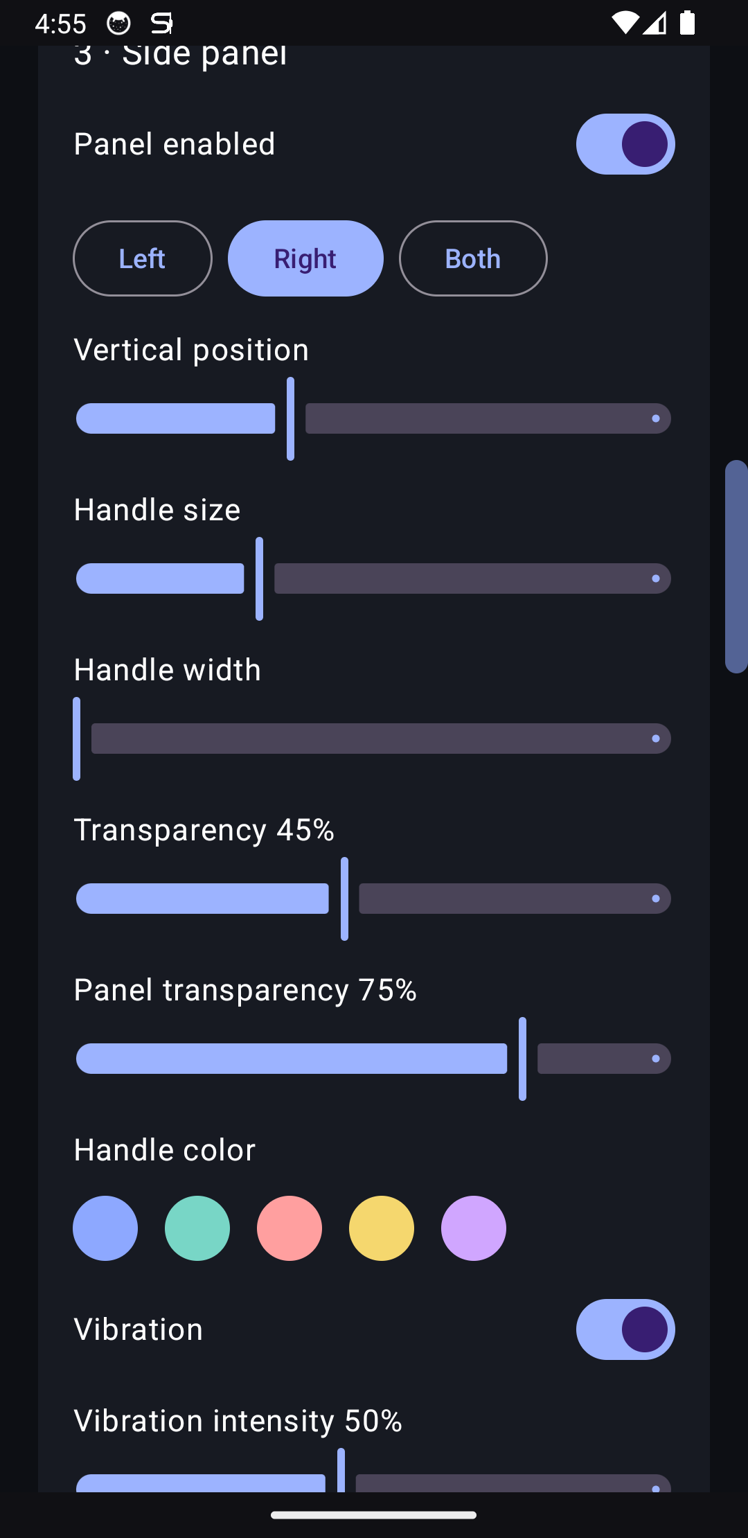 S Panel settings for handle side position size transparency color and vibration