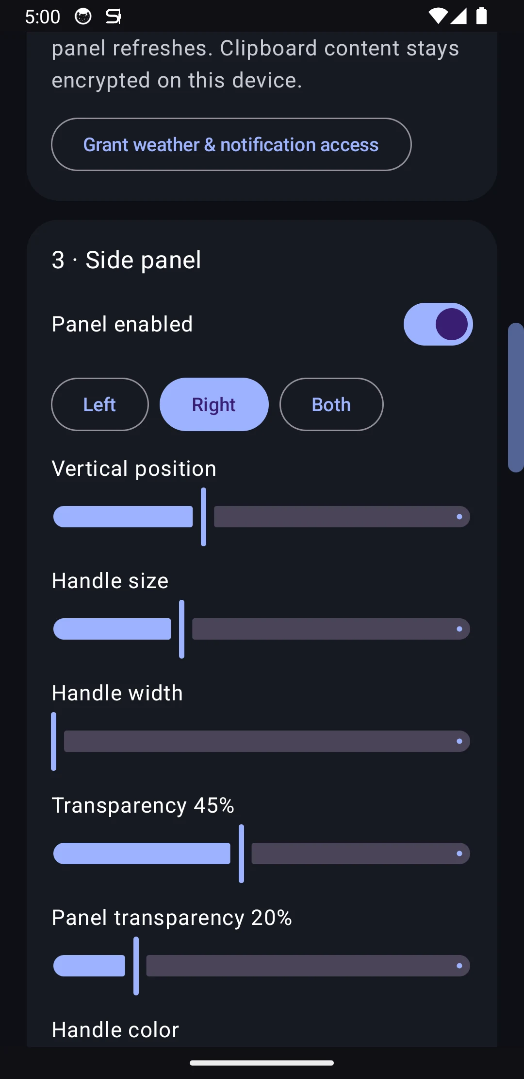 S Panel phone settings for edge position size color and transparency