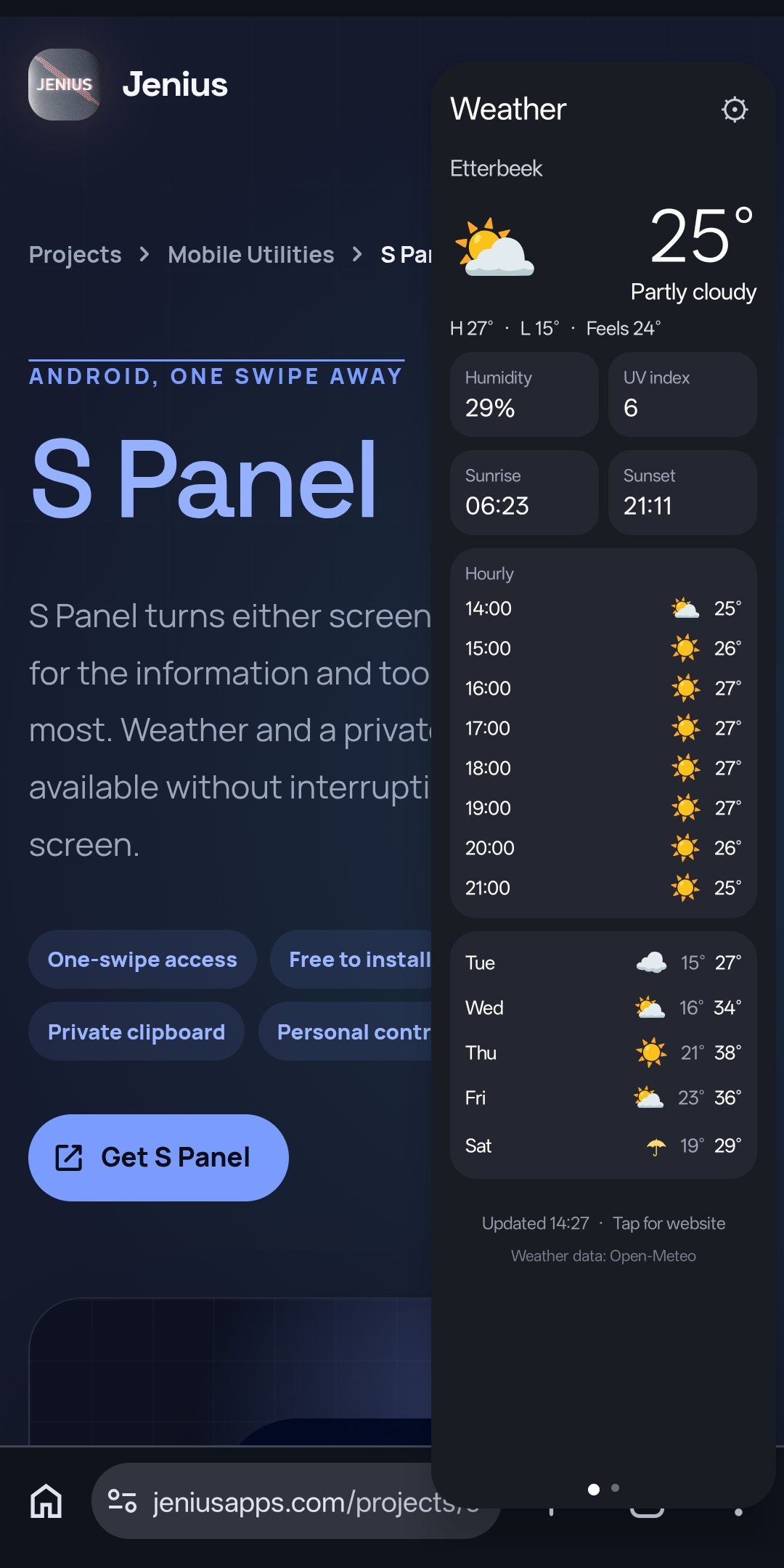 S Panel weather view open from the edge of an Android phone