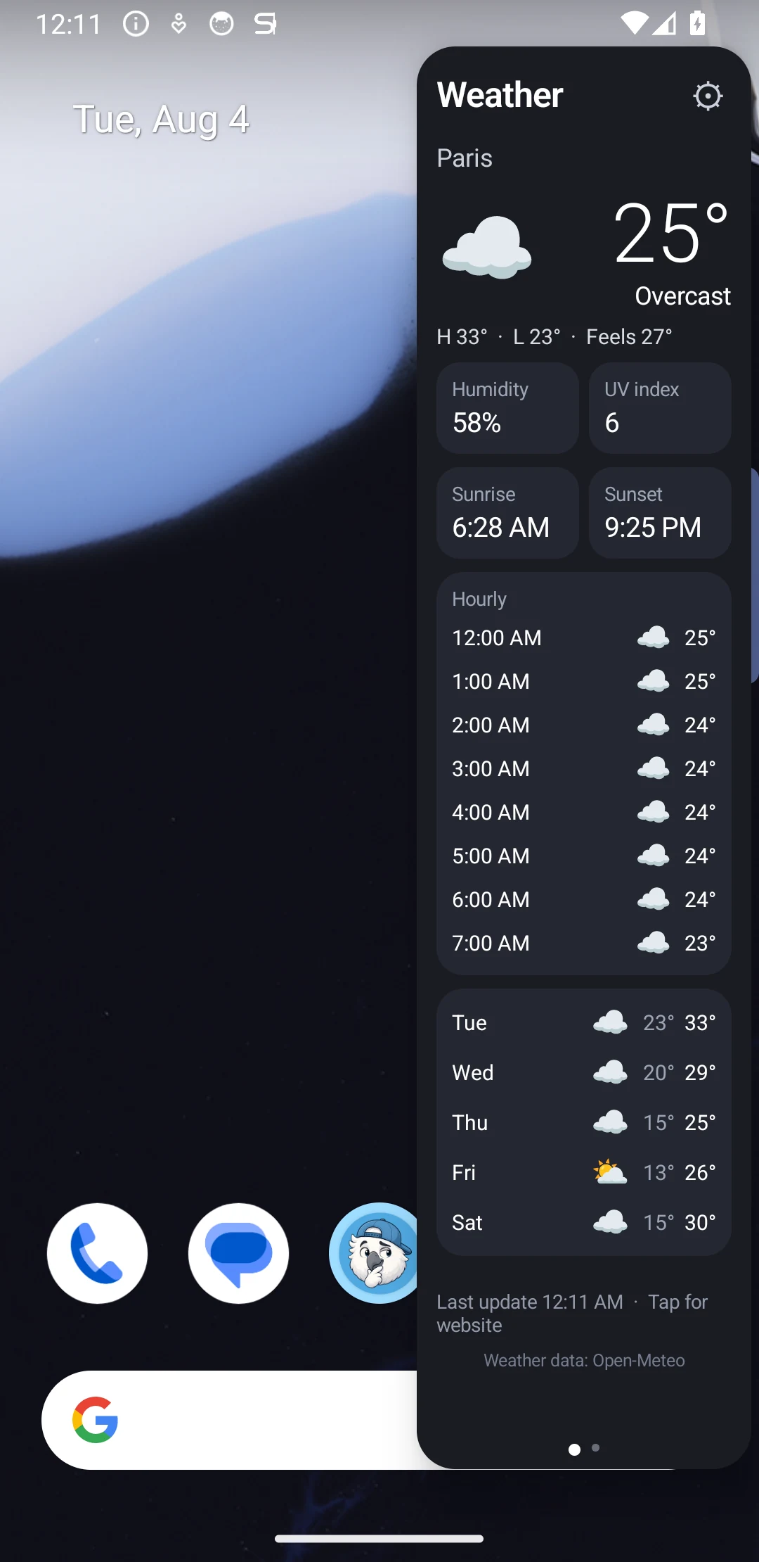 Fully opaque S Panel weather view with current conditions and forecast on an Android phone